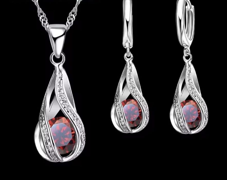 Komplet biżuterii kula czerwona nowy prób 925 wisior kolczyki łańcuch