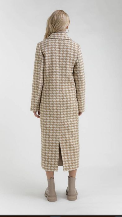 Пальто пряме в гусячу лапку бежеве Romashka розмір S з шерстю