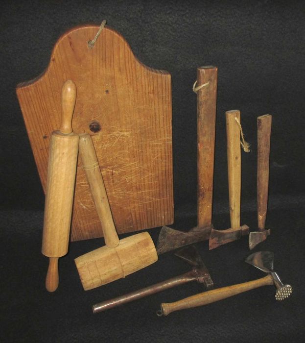 Conjunto de Utensílios Antigos de Cozinha Talho Madeira e Metal