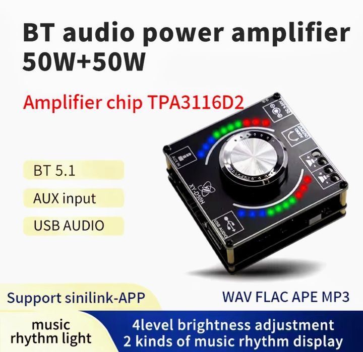 HI-FI Stereo B.T. płyta  wzmacniacza 2x50W z Music Rhythm Light.