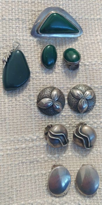 Srebro biżuteria PRL klipsy broszka zawieszka