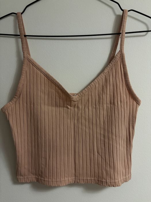 Prążkowany Crop Top na ramiączkach – 2 kolory (Beż / Musztarda) – Rozmiar S