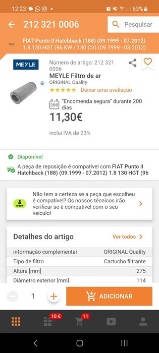 Filtro de ar meyle para Fiat Punto JTD/HGT