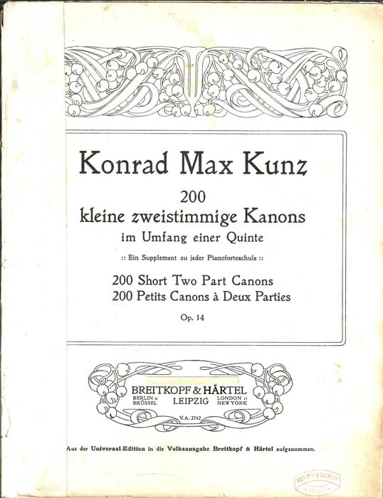 PIANO: Konrad Max Kunz - Partitura "200 Kleine Zweistimmige Kanons" op.14
