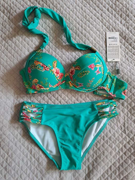 Nowy Strój kąpielowy dwuczęściowy zielony w kwiaty 40