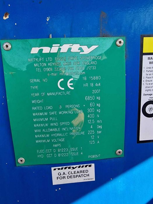 Podnośnik koszowy terenowy 18m NiftyLift HR18 4x4 Diesel 2007 FV23%