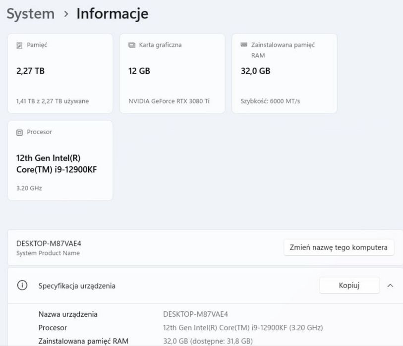 Komputer gamingowy / workstation – i9-12900KF • RTX 3080 Ti • 32 GB DDR5