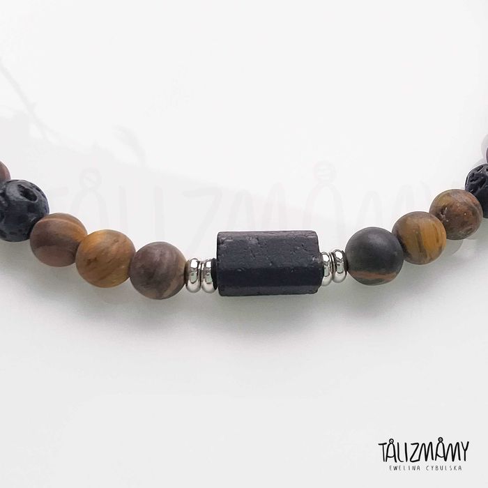 Bransoletka męska handmade kamienie naturalne turmalin tygrysie oko