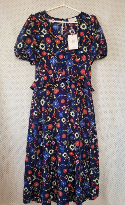 Savida Nowa długa sukienka z bufiastymi rękawami print taliowana  36 S