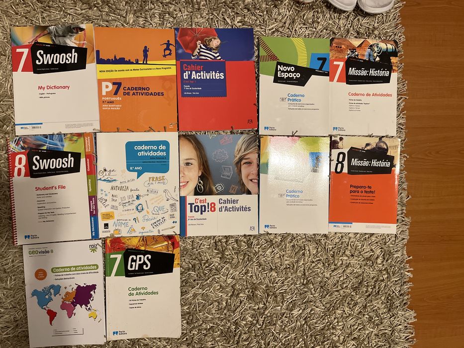 Activity Workbooks + Textbooks + Test Preparation Materials for 7th Grade + Portuguese National Exam Preparation for 10th Grade64285645395971121