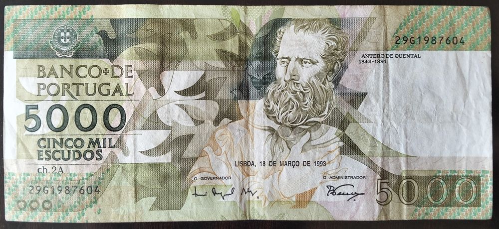 Lote 8 Notas 5000$ 1987/1989/1991/1993 Antero Quental Excelente Estado