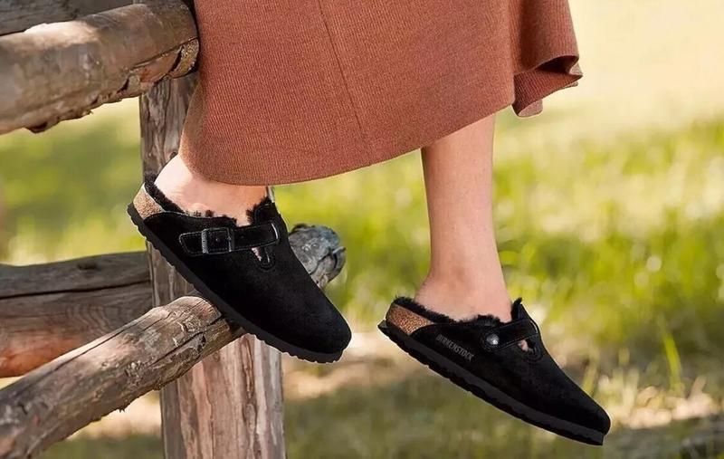 Чорні сабо теплі тапки birkenstocks з овчиною розмір 39 Оригінальні клоги birkenstock boston