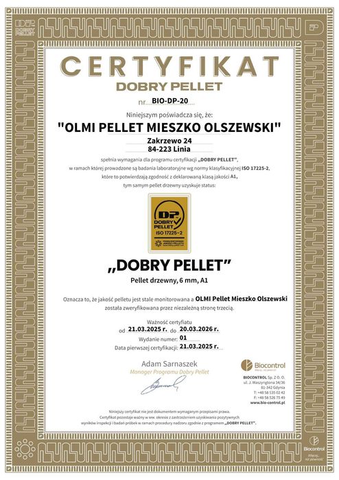Pellet PRODUCENT "OLMI CZARNY" - Certyfikat "Dobry Pellet" - Pelet 6mm