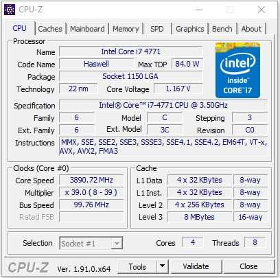 Intel i7-4771 3.9 GHz Turbo, s1150