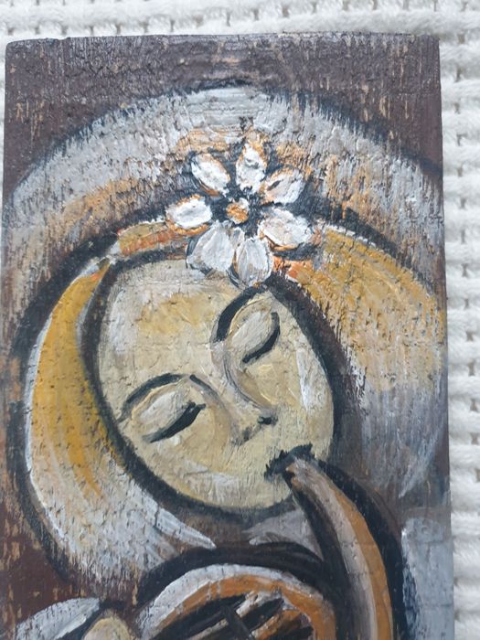 Anioł Anielska Trąbka obraz malowany na drewnie rękodzieło