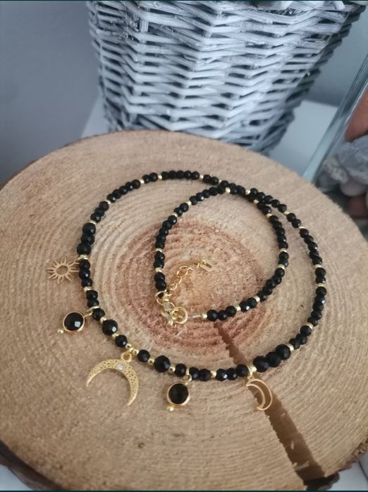 Naszyjnik choker czarny turmalin lunula słońce księżyc regulacja kamie