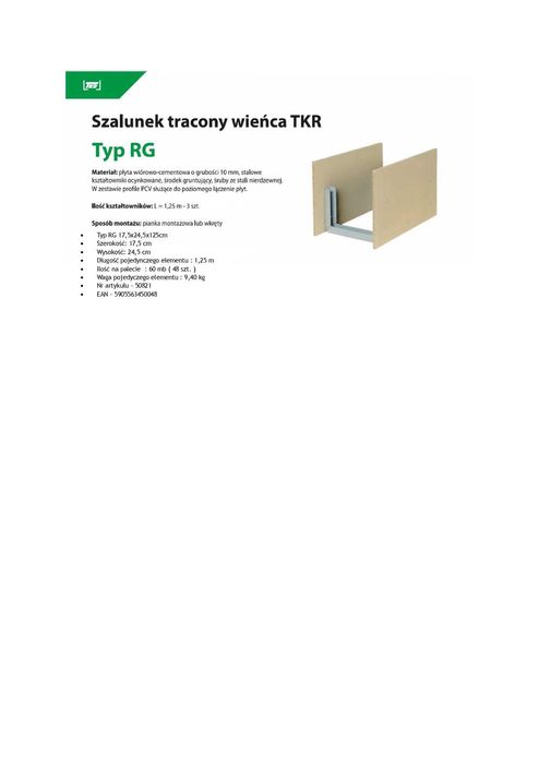 Szalunek tracony wieńca TKR typ RG 17,5x24,5x125cm
