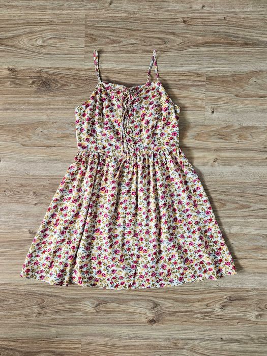 Sukienka krótka mini rozkloszowana na szelkach wiązana gorset lato L