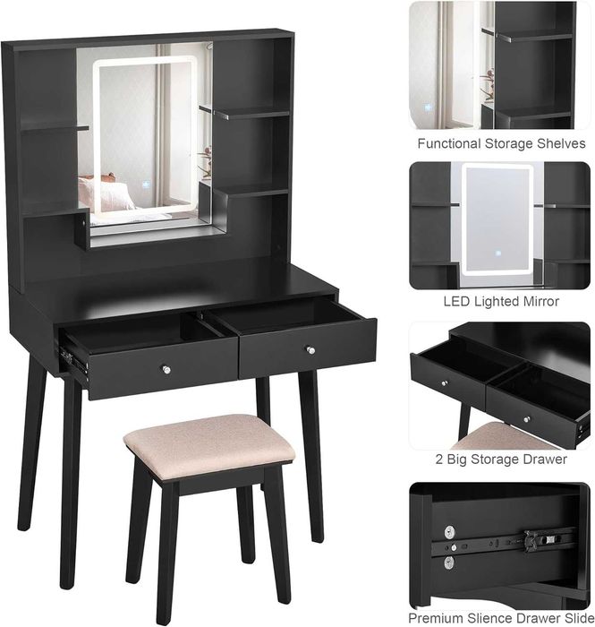 Toucador de maquilhagem com espelho LED, gavetas, prateleiras e banco
