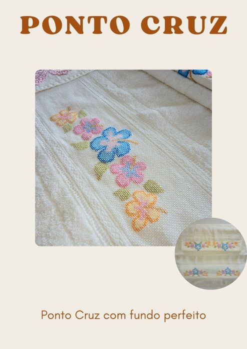 Jogo de toalhas (banho e rosto) bordadas em ponto cruz
