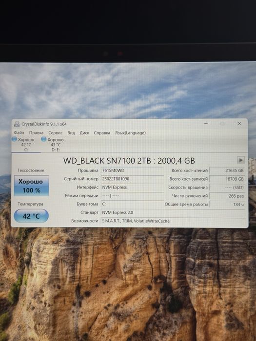 WD_BLACK SN7100 2TB — NVMe SSD  Напрацювання: 184 год