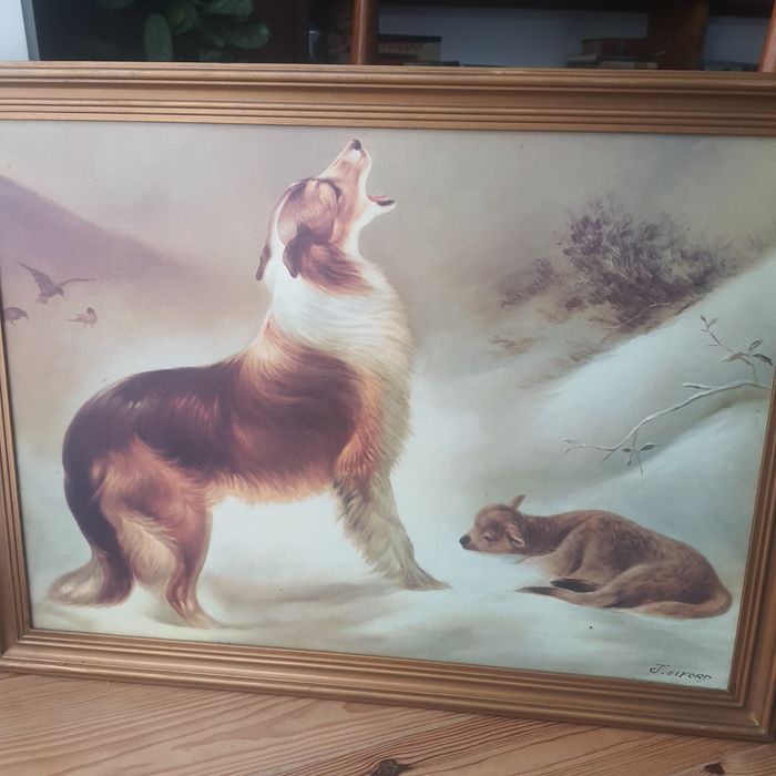 Quadro com cão e cordeiro na neve