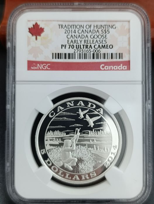 Канада 5 доларів 2014 р.- Традиції полювання "Гусь" - NGC PF70 ULTRA CAMEO. СРІБЛО. СЛАБ.
