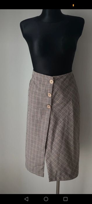 Spódnica długa kratka pepitka tweedowa z rozporkiem Basic casual 2YK