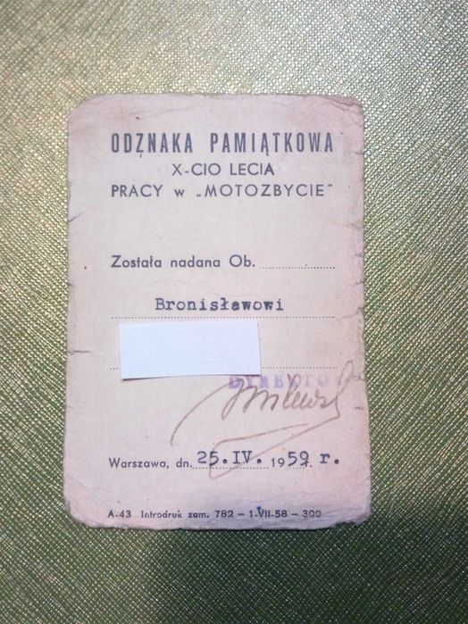 odznaczenia- leg. odznaki pamiątkowej 10 lecia pracy w motozbycie 1959