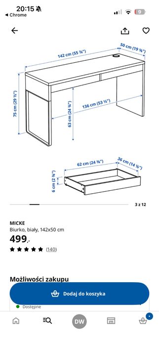 Biurko IKEA MICKE 142x50 cm – białe – 100 zł