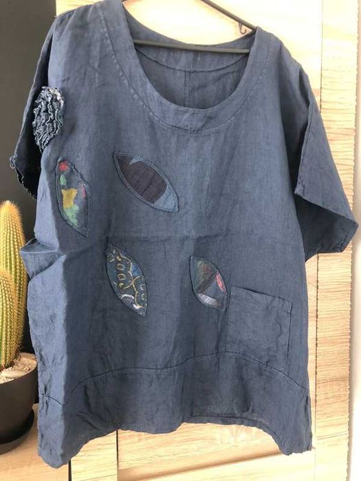 Artystyczna bluzka koszula lniana 100% len granat 140 cm pachy 52 54