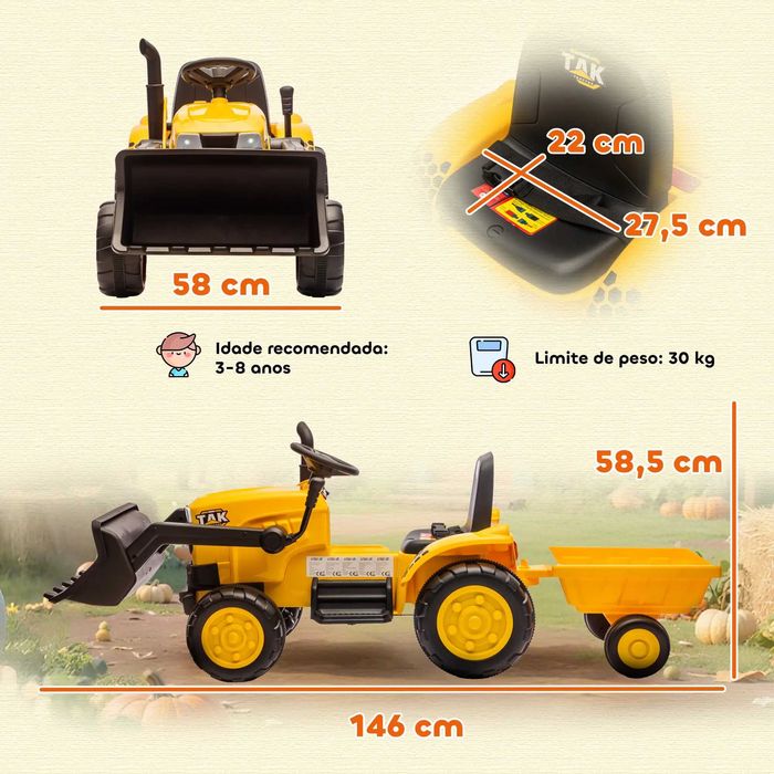 Trator Elétrico para Crianças com Reboque e Pá 12V Motor Duplo