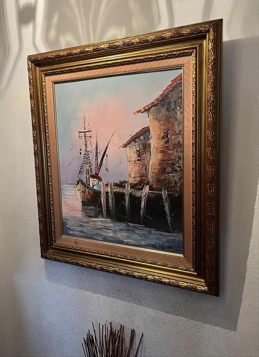 Quadro antigo com moldura em talha dourada