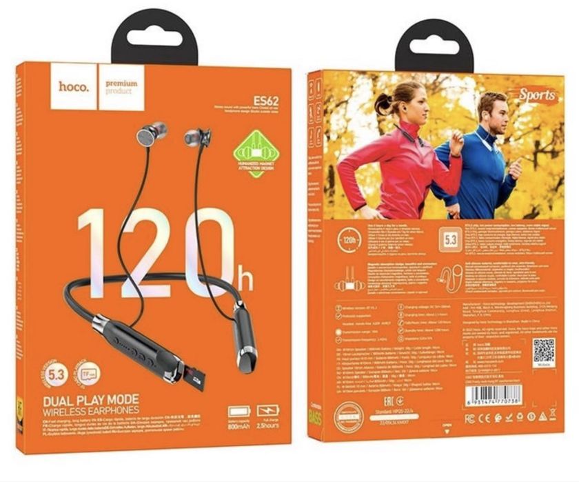 Бездротові Bluetooth Навушники Sport Hoco ES62 з MicroSD/Магнітні 120h