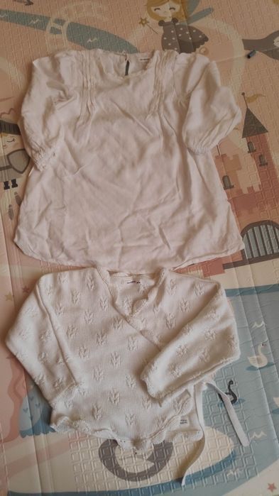 Reserved 80 komplet do chrztu złamana biel sukienka sweter