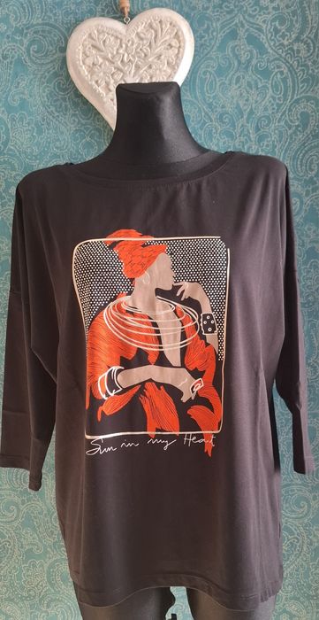 Czarna bluzka Megi z pomarańczowo-złotą aplikacją L/XL