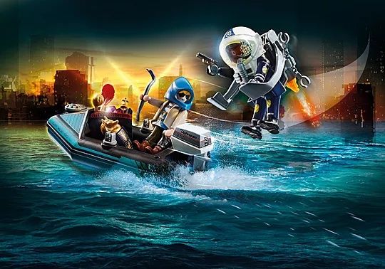 Playmobil Polícia com mochila voadora e barco NOVO
