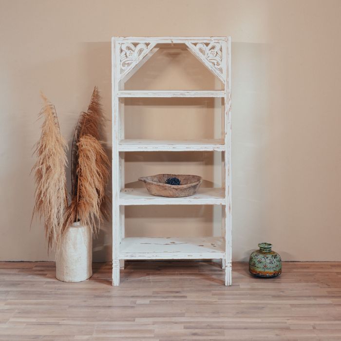 Regał drewno mango biały rzeźbiony biblioteczka boho rustykalny Indie