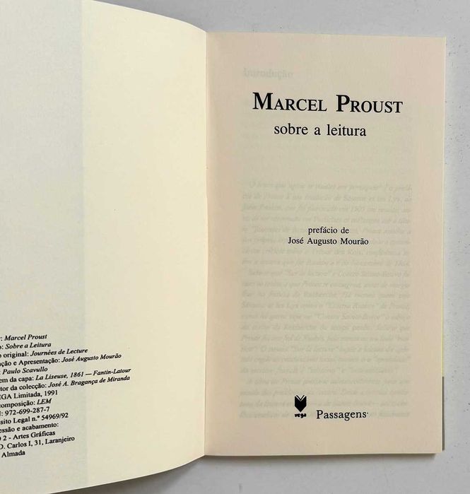 Marcel Proust, Sobre a Leitura. Colecção “Passagens”.