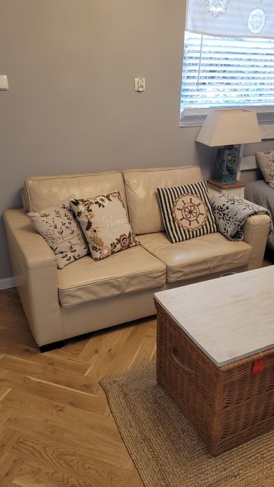 Sofa z Naturalnej Skóry z Funkcją Spania Beżowa
