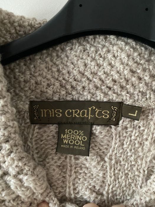 Inis Crafts sweter merino kardigan ireland vintage warkocz aran plecio