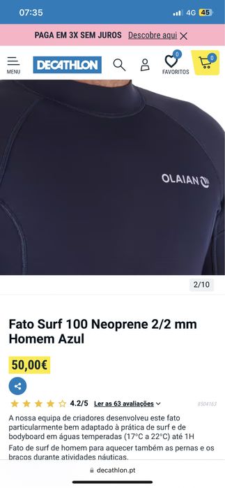 Fato surf novo decathlon tamanho S , 2.2mm