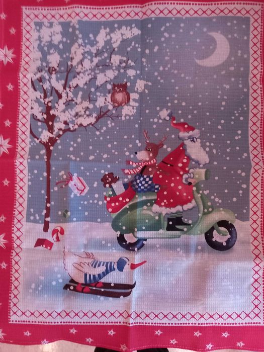 Вафельное полотенце Новогоднее с Дедом морозом и оленем, 48х58 см
