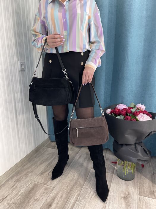 Женская сумка замш через плечо шоколад,черный Жіноча сумка замш