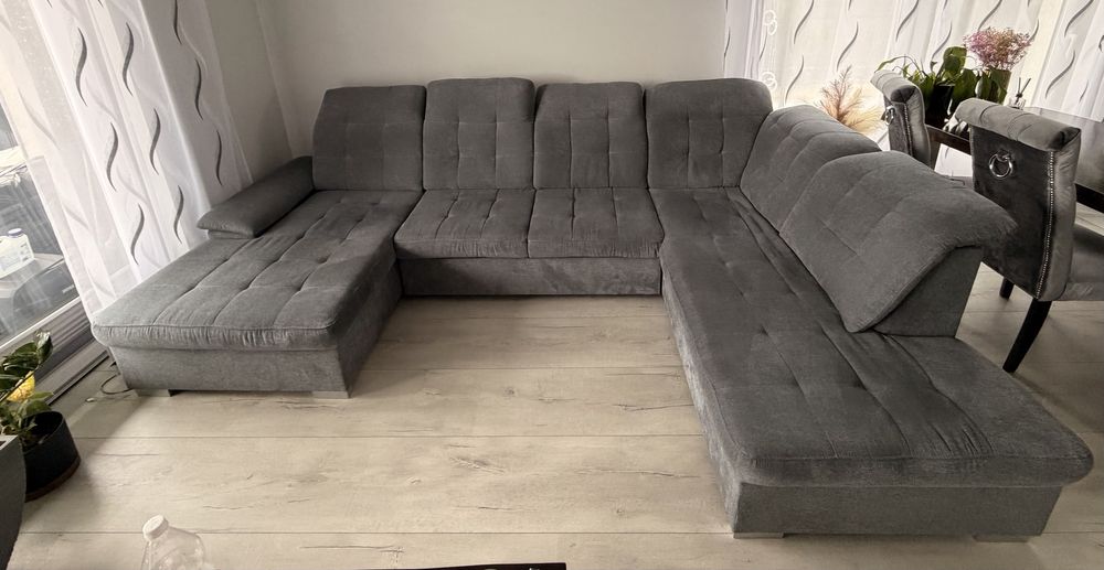 Narożnik U sofa grafit funkcja spania pojemnik regulowane zagłówki