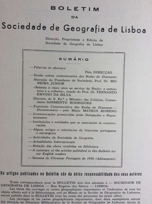 Boletim da Sociedade de Geografia de Lisboa. -  1950. Ver sumário
