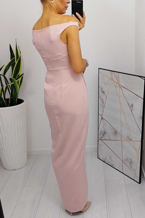 Sukienka długa rozporek marszczenia tulipan rybka pudrowy róż S 36