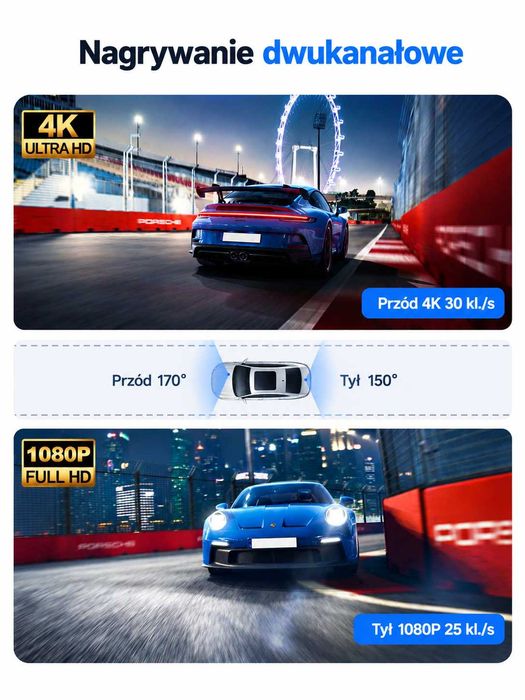 Kamera Samochodowa Przód 4k UHD Tył 1080HD GPS Parking Wifi G-Sensor Appka