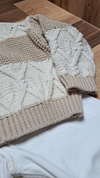 Sweter patchworkowy pull&bear r.S oversize splot warkoczowy waflowy