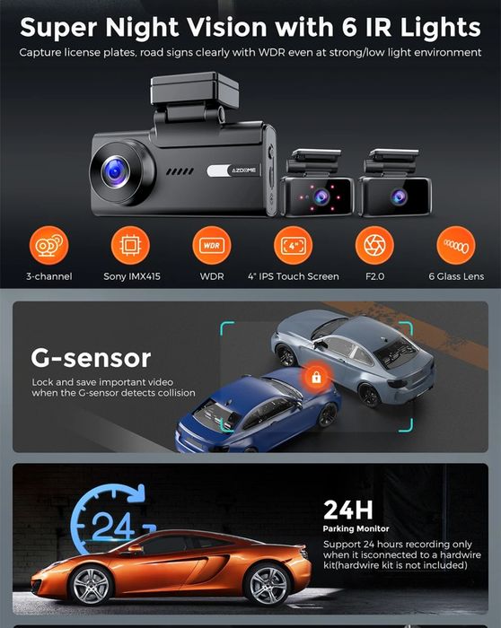 Kit 3 câmaras (frontal 5K traseira e cabine HD) azdome m580 + Cartão